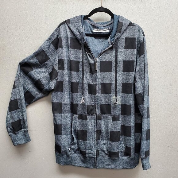 Hoodiebuddie Hoodie Mens XL Gray Black Checkered Full Zip Earbud HB3 Tech Jacket - Picture 1 of 11